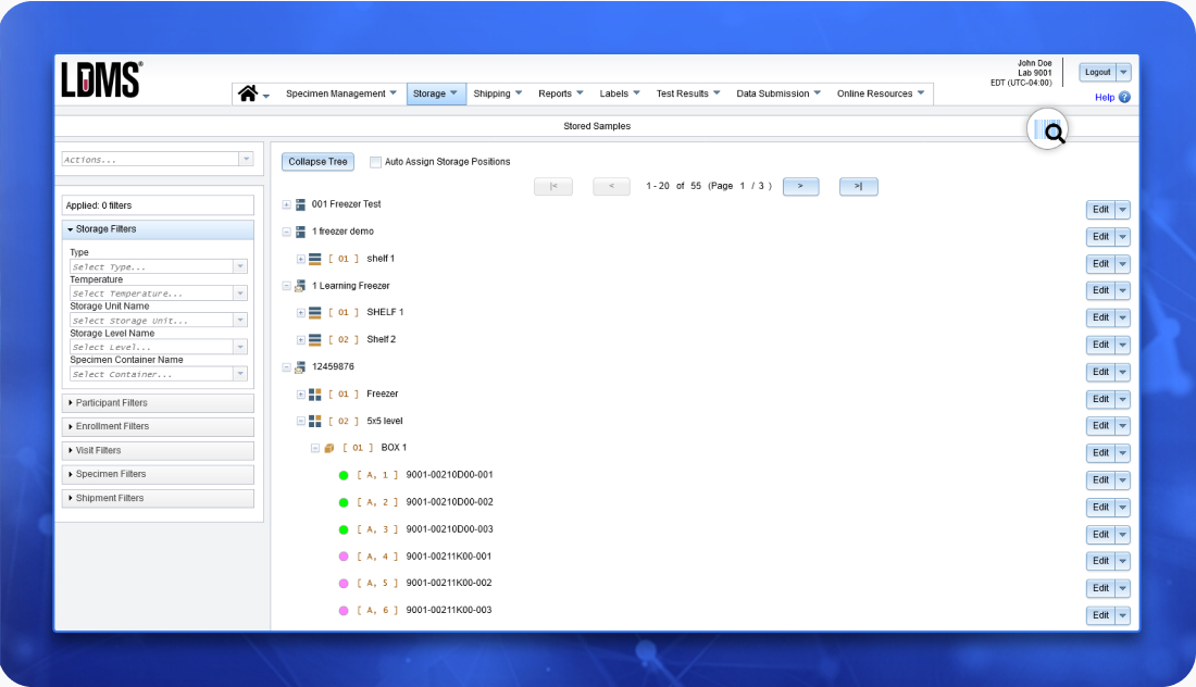 Screenshot of LDMS storage page with storage tree open